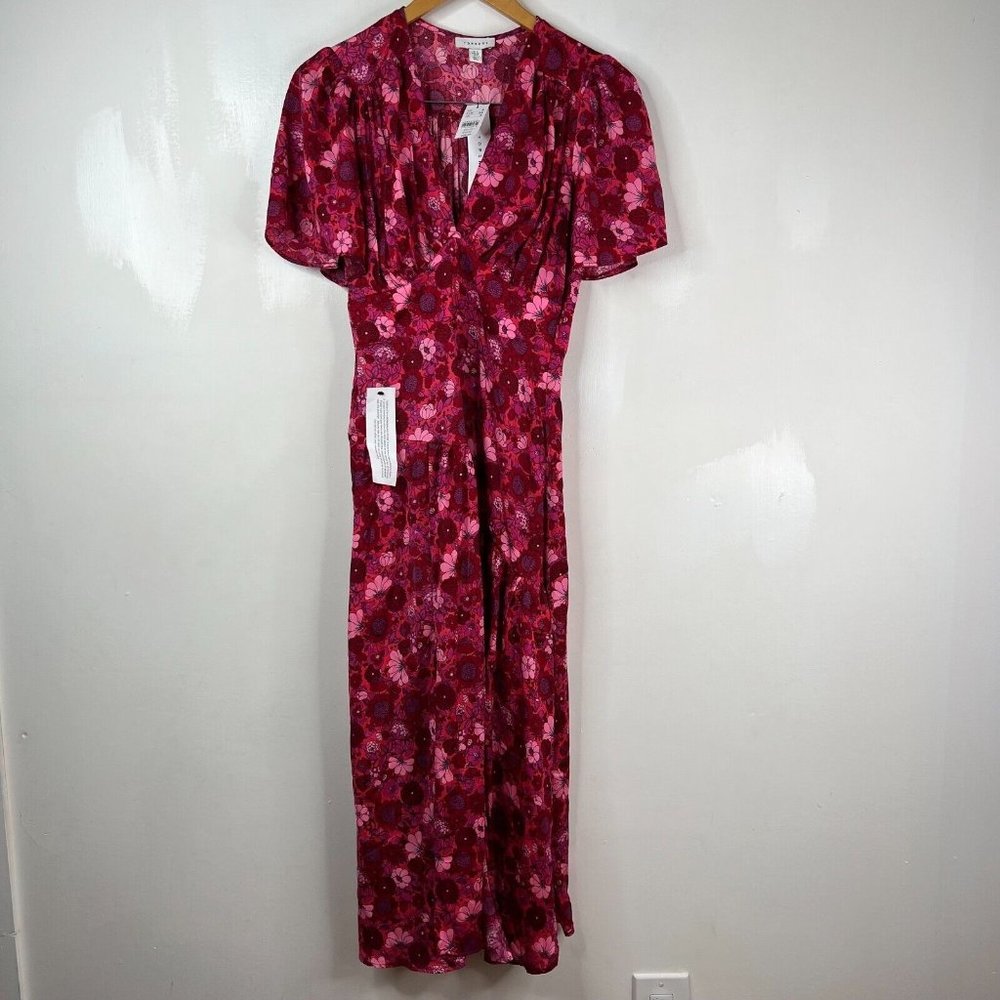 Topshop Maxi Dress Womens Sz 2 Red Pink Purple Floral Short Sleeve V-Neck New